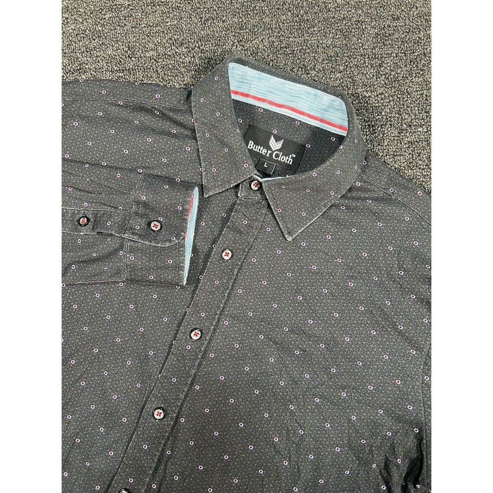 Butter Cloth Shirt Men's Large Black Button Up Geometric Polka Dot‎ Print L/S